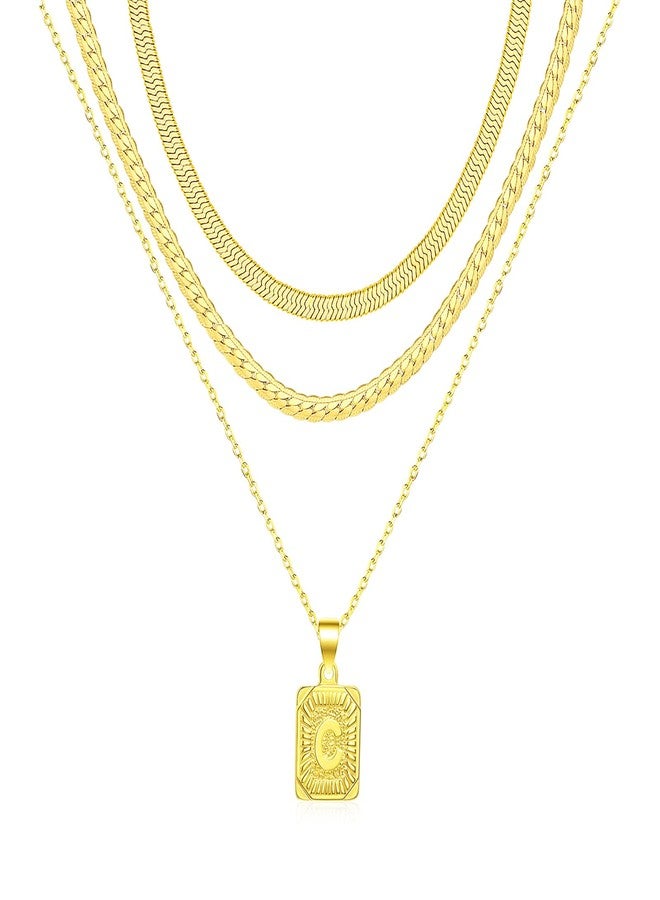 FUNEIA Layered Gold Initial Necklace for Women Trendy Dainty 18K Gold Plated Initial A-Z letter Pendant Necklace Stacked Layering Herringbone Flat Snake Chain Choker Necklaces Set Pack Jewelry Gifts - Image 1